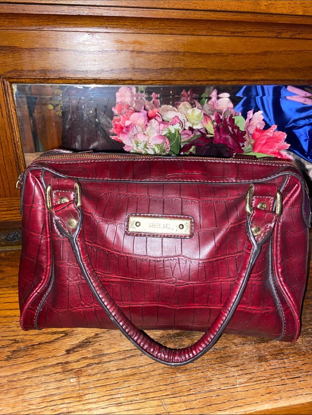 Relic Women's Croc-Embossed Satchel in Burgundy with Gold Hardware